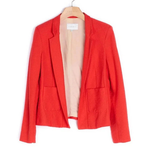 Sandro Blazer Jacket Coat Long Sleeve Shoulder Pads Pockets Open Orange 36 Small - Picture 1 of 9